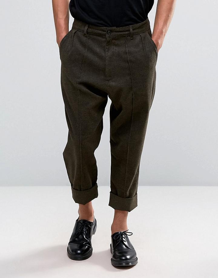 Asos Drop Crotch Cropped Wool Look Pants With Heavy Turn Up - Brown