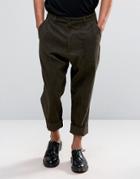 Asos Drop Crotch Cropped Wool Look Pants With Heavy Turn Up - Brown
