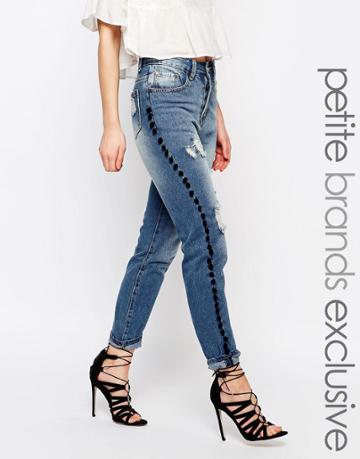 Liquor & Poker Petite Lax Mom Jean With Rip Detail And Pom Pom Trim - Blue