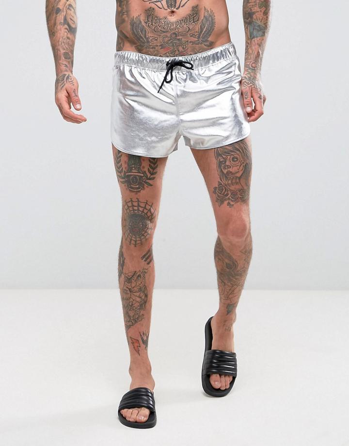 Asos Swim Shorts With Extreme Side Split In Silver Metallic In Super Short Length - Silver