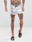 Asos Swim Shorts With Extreme Side Split In Silver Metallic In Super Short Length - Silver