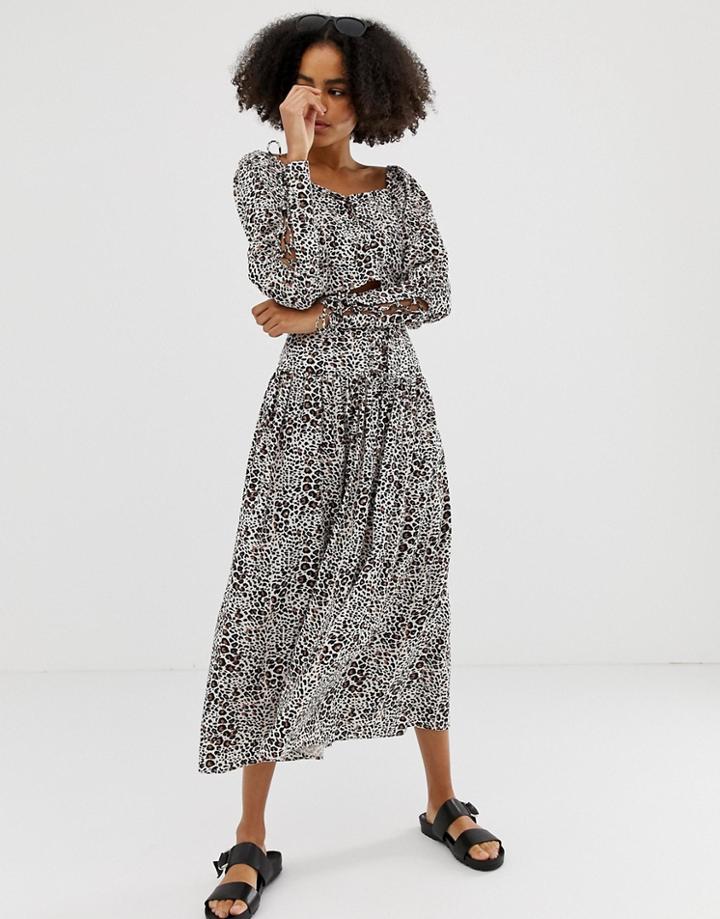 Asos Design Leopard Print Midi Skirt With Corset Waist Detail - Multi