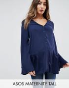 Asos Maternity Tall Ruffle Hem Chuck On Blouse - Navy