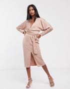 Asos Design Midi Dress With Batwing Sleeve And Wrap Waist In Satin-cream