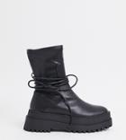 Public Desire Wide Fit Finale Chunky Flat Ankle Boots With Tie In Black