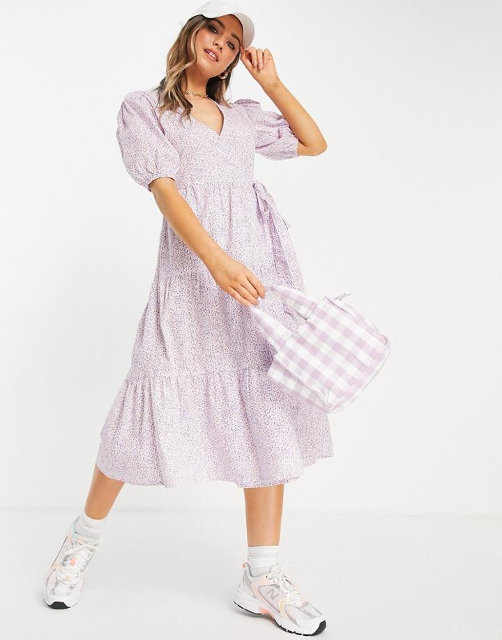 Influence Cotton Poplin Wrap Midi Dress In Lilac Floral-multi