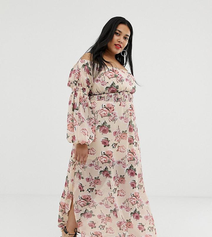 Wild Honey Plus Bardot Maxi Dress In Rose Floral - Beige