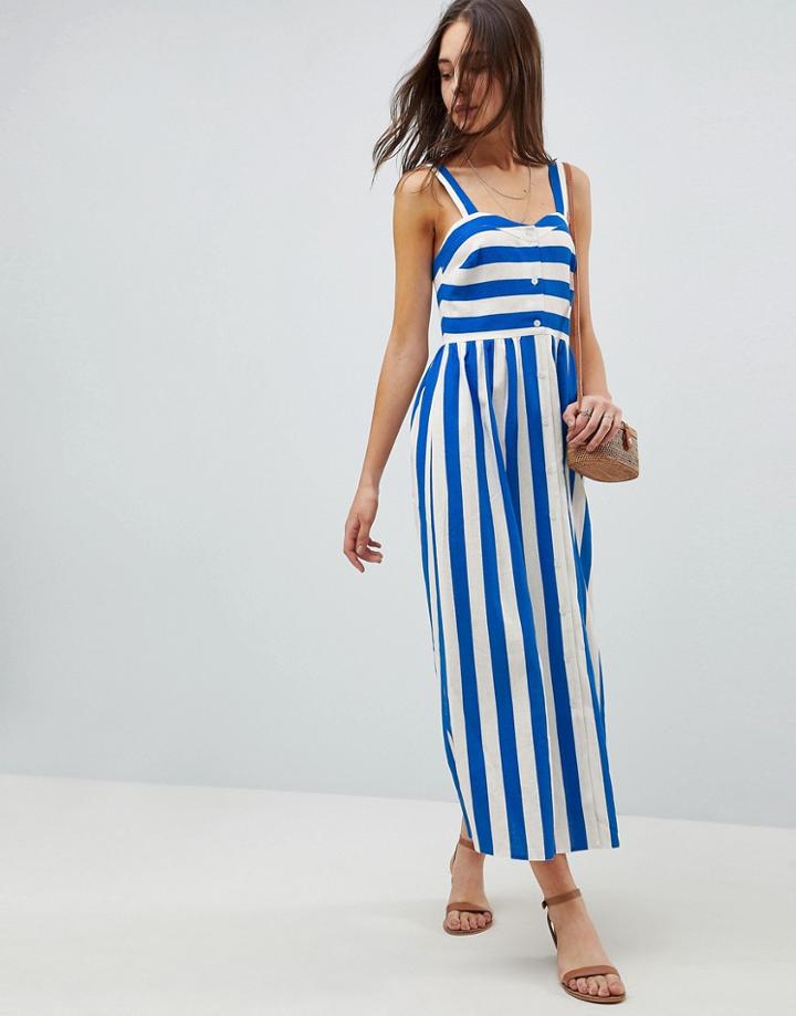 Asos Linen Button Through Maxi Dress In Stripe - Multi