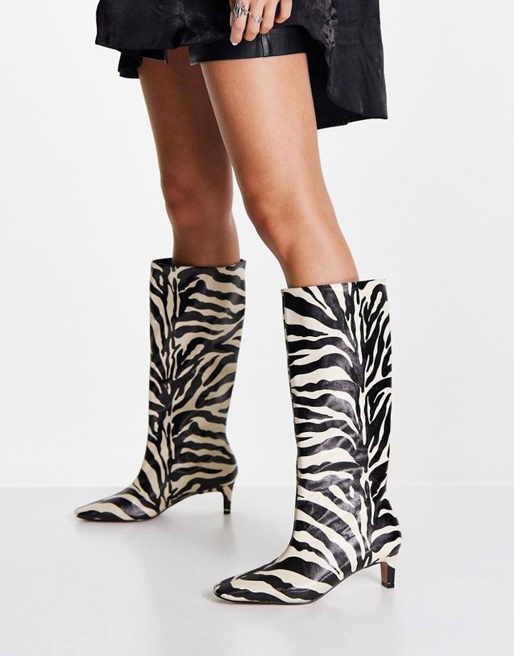 Asos Design Candid Pull On Mid-heeled Knee Boots In Zebra-multi