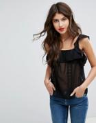 Asos Ruffle Cami With Lace Insert-black