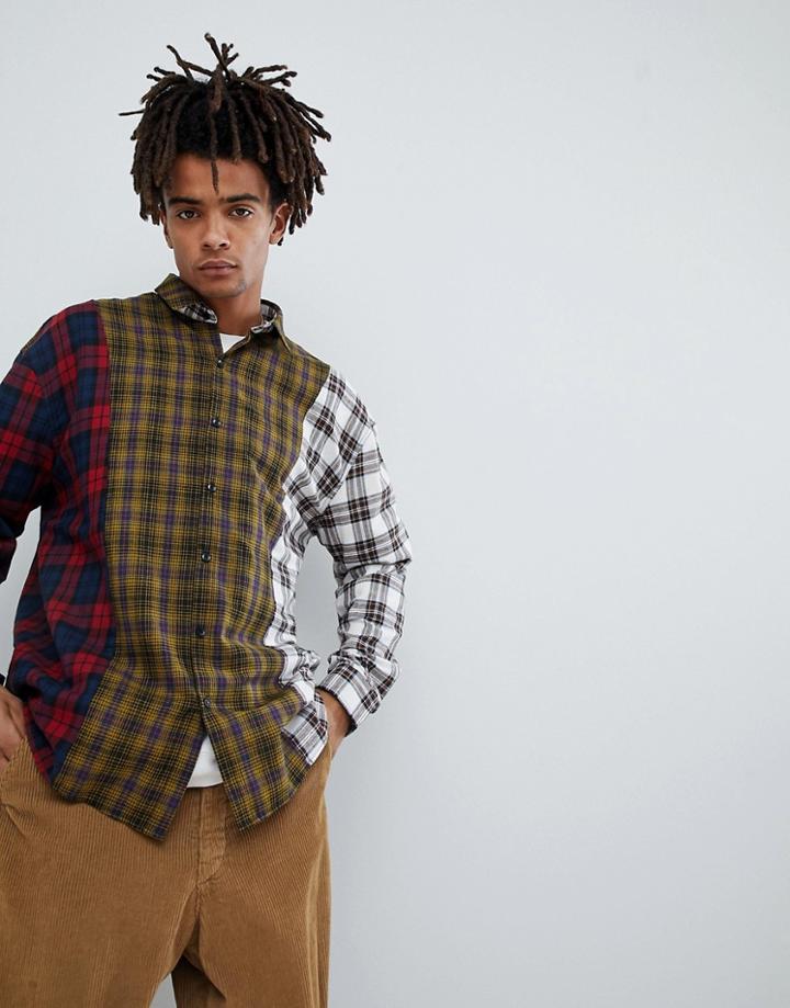 Mennace Spliced Checked Shirt In Yellow - Yellow