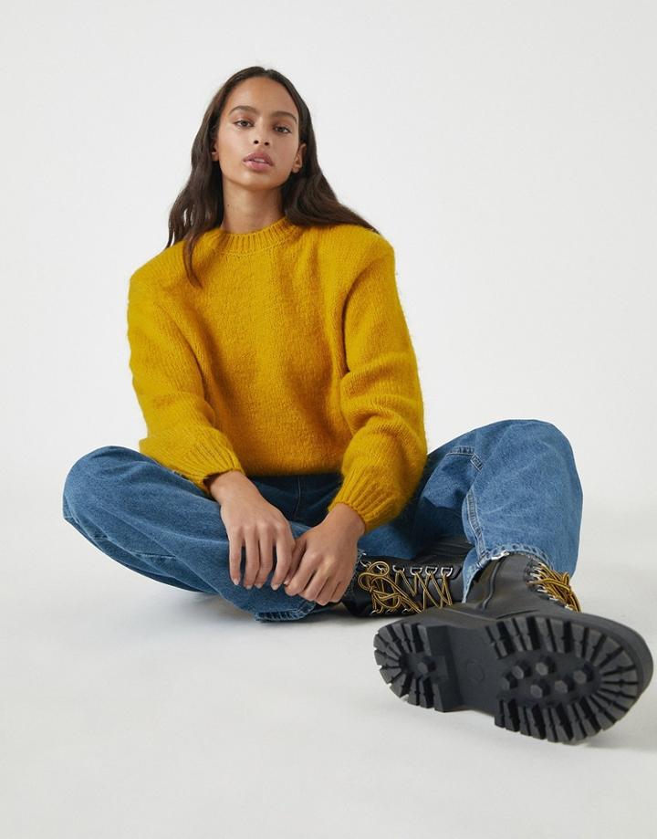 Pull & Bear Padded Shoulder Sweater In Mustard-green