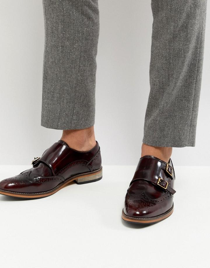 Asos Monk Shoes In Burgundy Leather With Natural Sole - Red