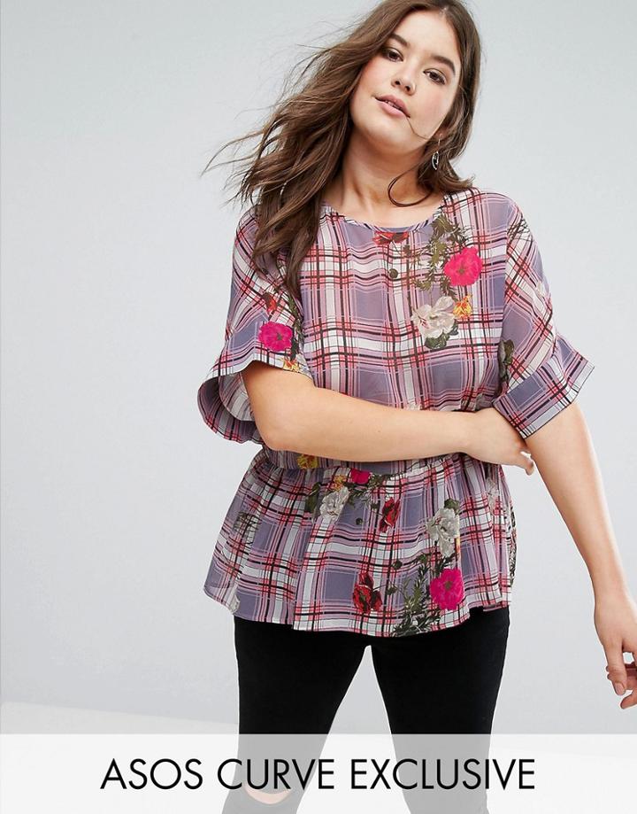 Asos Curve Smock T- Shirt In Check With Floral - Multi
