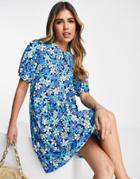 Qed London Soft Touch Mini Tiered Smock Dress With Collar In 70s Floral Print-multi