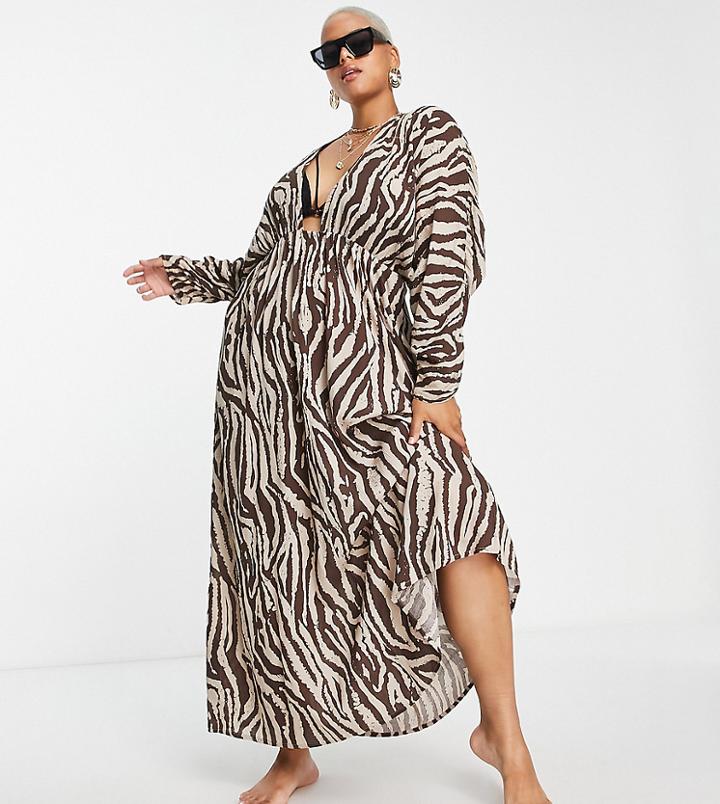 Asos Design Curve Ruched Long Sleeve Plunge Beach Maxi Dress In Animal Print-multi
