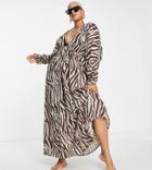 Asos Design Curve Ruched Long Sleeve Plunge Beach Maxi Dress In Animal Print-multi