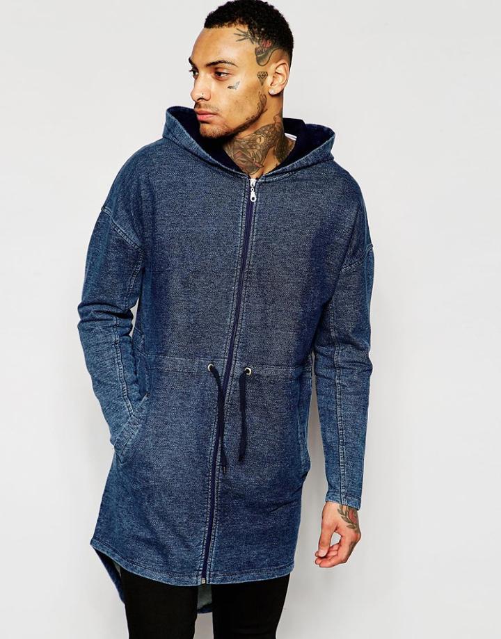 Asos Extreme Longline Oversized Jersey Parka Jacket In Denim Wash - Blue