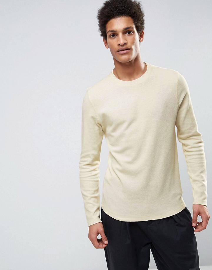 Selected Homme Long Sleeve Top With Curved Back In Slub Cotton - Cream