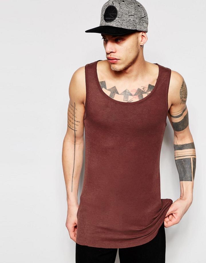 Asos Fine Rib Longline Muscle Tank With Raw Edge In Brown - Brown