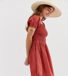 Asos Design Petite Shirred Bodice Square Neck Mini Cotton Smock Dress - Red