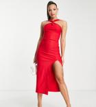 Vesper Tall Twist Front Split Midi Dress In Red