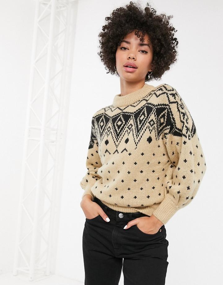 Monki Fair Isle Print Crew Neck Sweater In Cream-beige