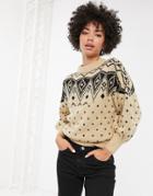 Monki Fair Isle Print Crew Neck Sweater In Cream-beige