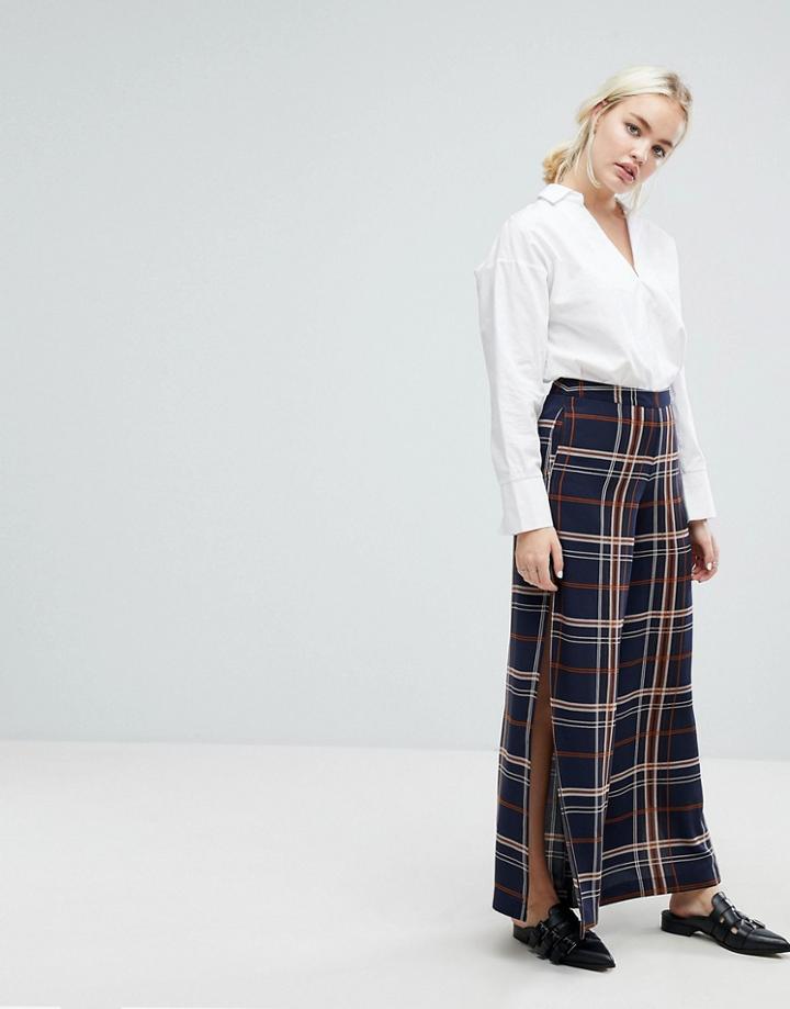 J.o.a Wide Leg Pants With Side Split In Large Check - Navy