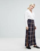 J.o.a Wide Leg Pants With Side Split In Large Check - Navy