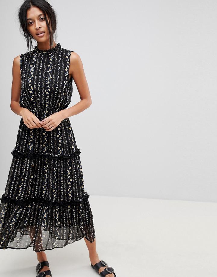 Moon River Floral Ruffle Midi Dress - Black