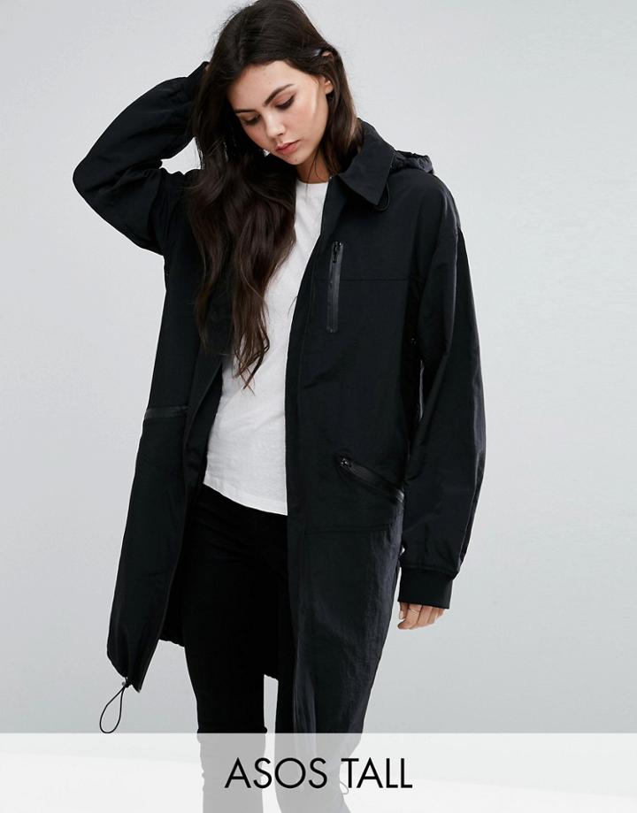 Asos Tall Rain Trench In Midi Length - Black