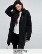 Asos Tall Rain Trench In Midi Length - Black