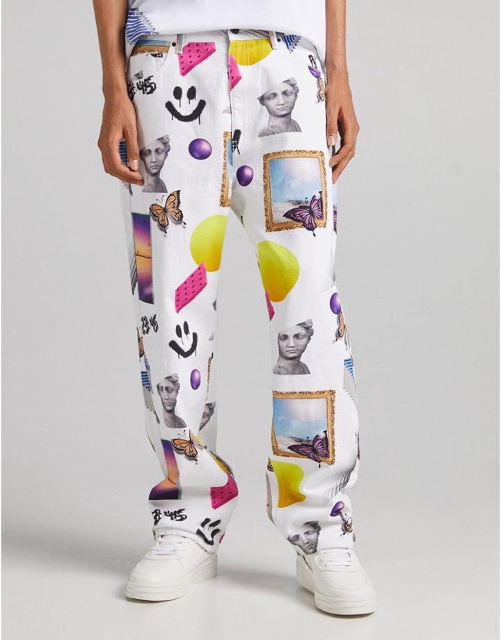 Bershka 90's Fit Printed Jeans In Multi