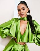 Asos Luxe Satin Top With Extreme Ruffles In Green - Part Of A Set
