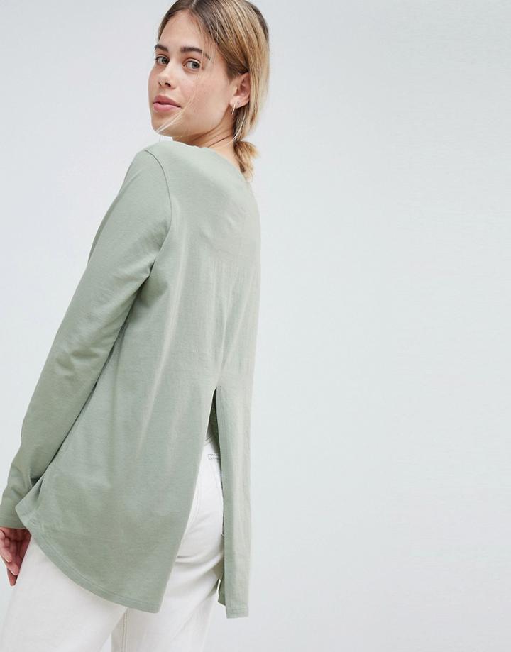Asos Design Long Sleeve T-shirt With Dip Hem And Split Back In Green - Green