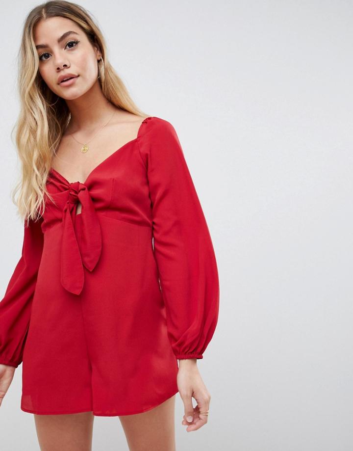 Asos Design Bunny Tie Square Neck Romper With Blouson Sleeve - Black