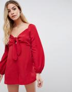 Asos Design Bunny Tie Square Neck Romper With Blouson Sleeve - Black