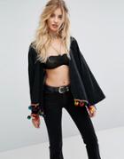 Kiss The Sky Oversized Festival Cardigan With Pom Trim And Embroidery - Black