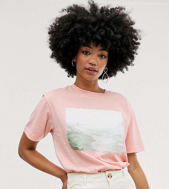 Monki T-shirt With Landscape Design In Pink - Pink