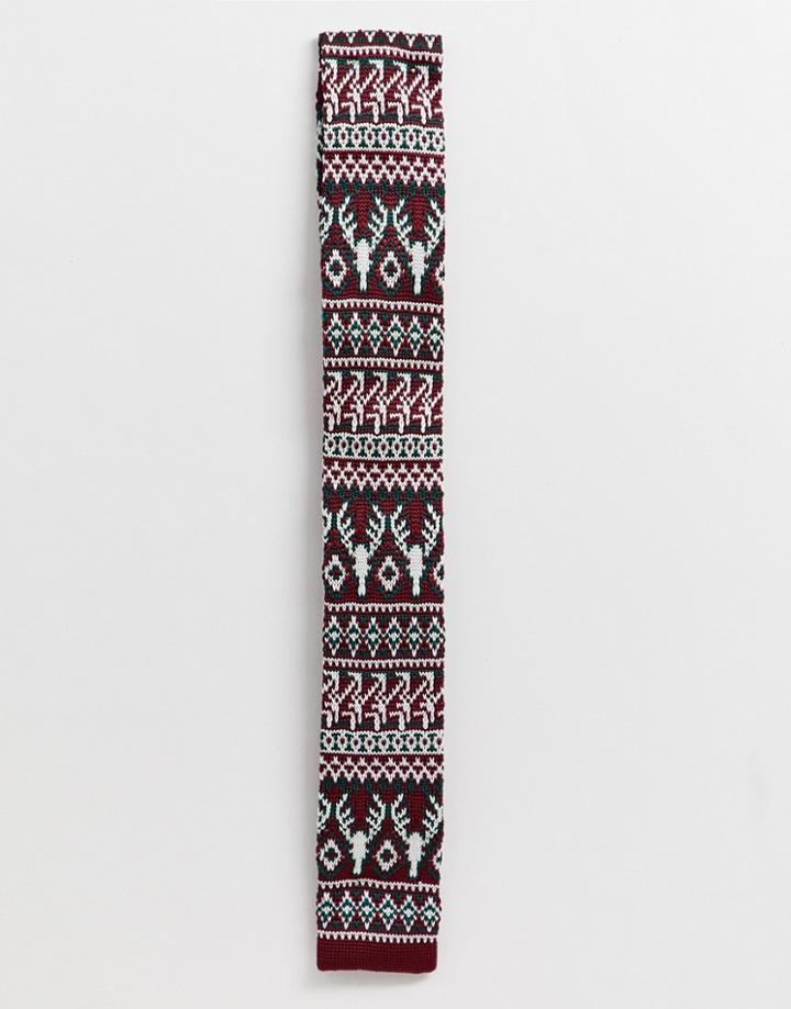 Asos Design Holidays Slim Knitted Reindeer Tie - Red