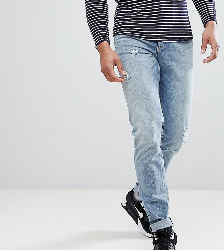 Asos Design Tall Stretch Slim Jeans In Mid Wash With Abrasions - Blue