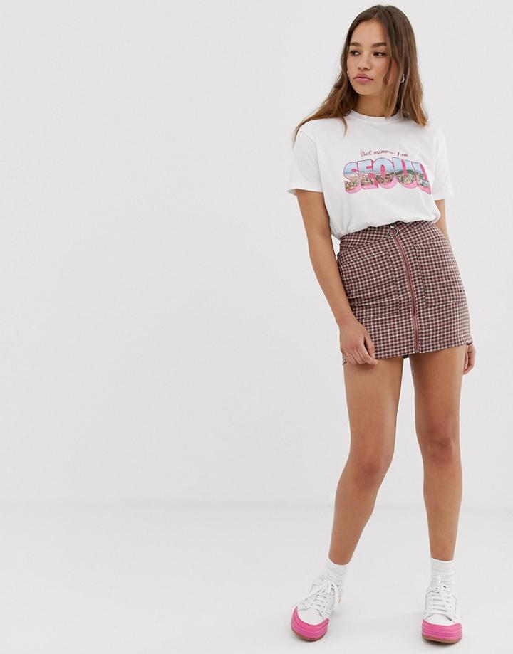Pull & Bear Pacific Zip Front Skirt In Pink Gingham - Pink