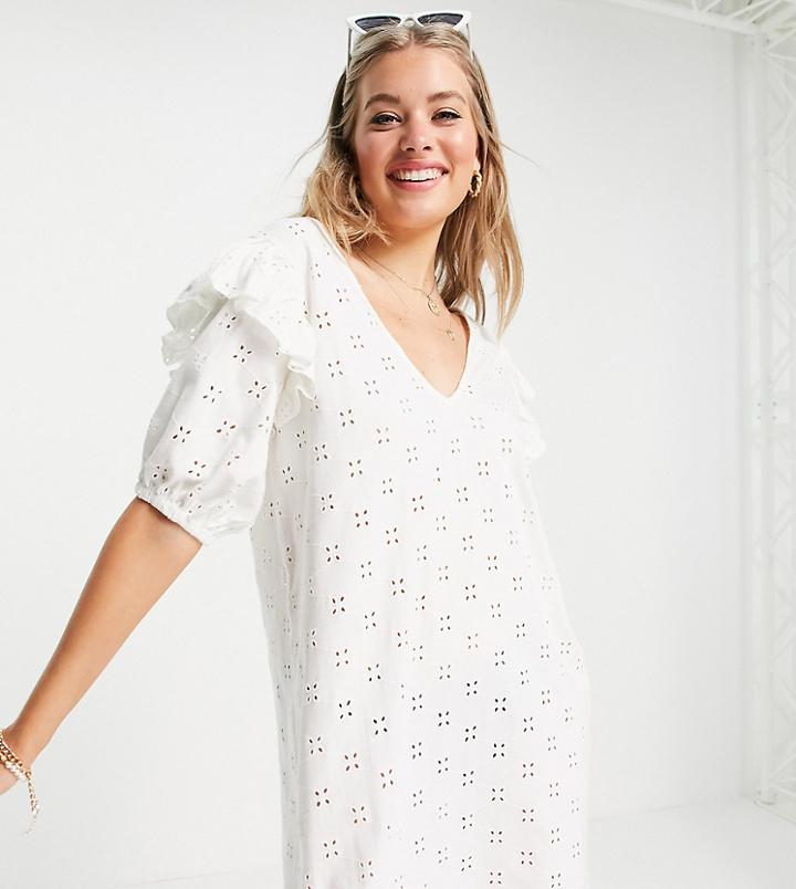 Asos Design Tall Broderie V Neck Mini Dress With Short Sleeves And Shoulder Frill In Cream-white
