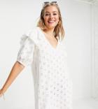 Asos Design Tall Broderie V Neck Mini Dress With Short Sleeves And Shoulder Frill In Cream-white