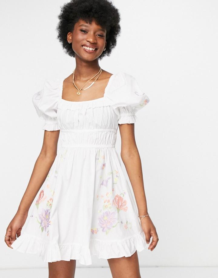 Asos Design Cotton Poplin Mini Skater Dress With Floral Embroidery In White