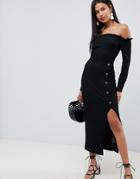 Asos Design Off Shoulder Rib Maxi Dress With Horn Buttons - Black