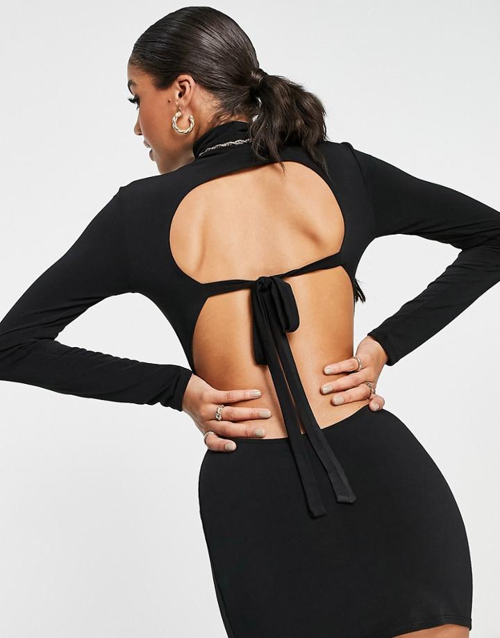 Flounce London Slinky Open Back Mini Dress In Black