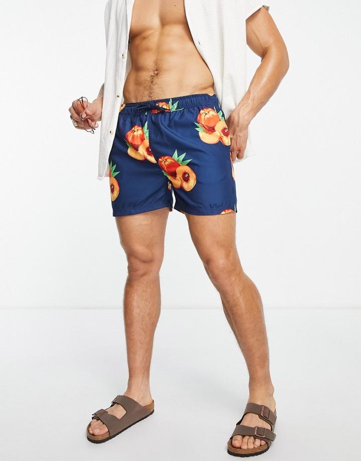 Selected Homme Swim Shorts In Navy Peach Print
