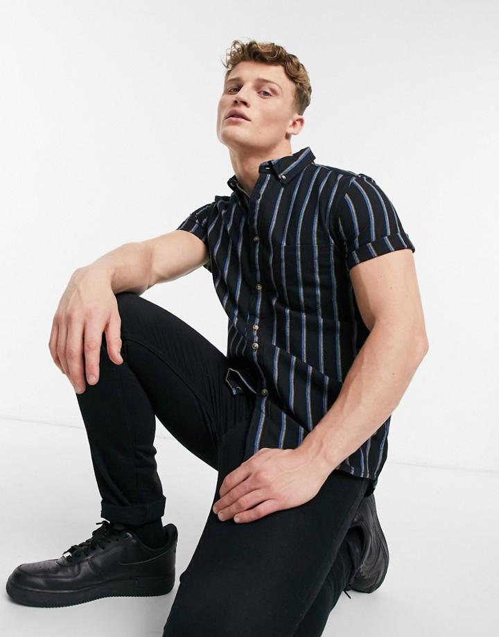 Asos Design Set Regular Fit Cotton Stripe Shirt In Navy